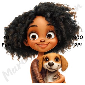 10 PNG Quirky Black Girl Clipart, Cute Afro Whimsical Girl with Dog Puppy Sublimation, Printable Watercolor, Instant Download, Digital Paper