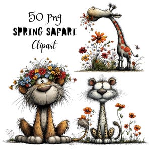 Frühlingssafari wunderliche Clipart-Bundle, eigenwillige Kinderzimmer-Zeichen PNG-Set, florale Grafiken (kommerzielle Nutzung)