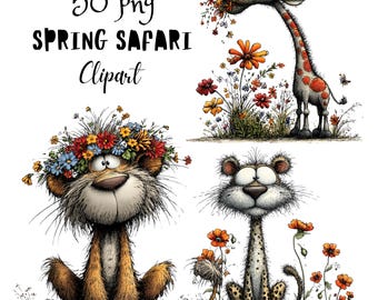 Paquete de imágenes prediseñadas de safari primaveral, conjunto de imágenes PNG de personajes infantiles peculiares, gráficos florales (uso comercial)