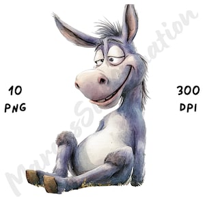 10 imágenes PNG de burros peculiares: ilustración de burro de dibujos animados, sublimación de animales de granja con acuarela, descarga digital PNG