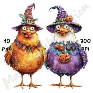 10 PNG Quirky Halloween Chickens Clipart, Watercolor Cartoon Animal Sublimation, Whimsical Halloween Decoration, Paper Crafts & Junk Journal