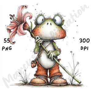 Puede incluir: Una ilustraci&oacute;n caprichosa de una rana sosteniendo un gran lirio rosa. La rana lleva pantalones naranjas, zapatos marrones y una peque&ntilde;a bolsa. La imagen incluye el texto "55 PNG" y "300 DPI".