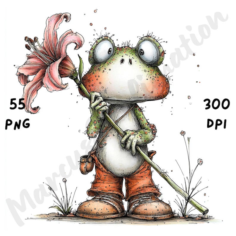 Puede incluir: Una ilustraci&oacute;n caprichosa de una rana sosteniendo un gran lirio rosa. La rana lleva pantalones naranjas, zapatos marrones y una peque&ntilde;a bolsa. La imagen incluye el texto "55 PNG" y "300 DPI".