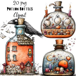 May include: A digital illustration set of 20 PNG potion bottles clipart. One bottle is a house with a crow, another contains skeletons at a table with candles, and the third features mushrooms, crystals, and a crescent moon. Text reads 20 png POTION BOTTLES Clipart.