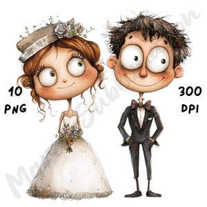 10 imágenes PNG de pareja de novios extravagantes, dibujos animados de novios, acuarela imprimible, invitación de boda, descarga instantánea