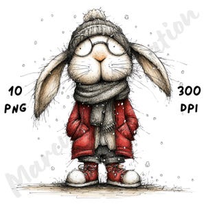 Puede incluir: Ilustración de un conejo con gorro de punto gris, gafas y bufanda, vestido con un abrigo rojo y zapatillas rojas. El conejo está en una escena nevada. La imagen incluye el texto "10 PNG" y "300 DPI".