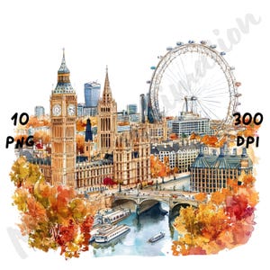 10 imágenes PNG de escenas peculiares de Londres, vista de la ciudad de Londres en acuarela, paisaje urbano caprichoso de Inglaterra, arte de viajes de dibujos animados, imágenes prediseñadas de paisajes urbanos
