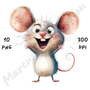 10 PNG Quirky Mouse Clipart, Whimsical Cartoon Mice, Funny Crazy Animal, Watercolor Sassy Mouse Sublimation, Mice Clip Art, Digital Download