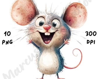 10 PNG Quirky Mouse Clipart, Whimsical Cartoon Mice, Funny Crazy Animal, Watercolor Sassy Mouse Sublimation, Mice Clip Art, Digital Download