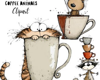 Whimsical Coffee Lover Animals Clipart Set: 20 PNG Quirky Drink Illustration (Digital Download)