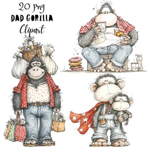 Könnte beinhalten: Digitales Clipart-Bild mit vier Cartoon-Gorillas in verschiedenen Posen. Einer trägt Einkäufe, ein anderer trinkt aus Bechern, und ein dritter hält einen kleineren Gorilla. Der Text "20 png DAD GORILLA Clipart" ist oben.