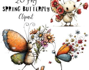 Clipart de mariposa floral caprichosa, divertido personaje animal primaveral PNG, gráficos de flores extravagantes (uso comercial)