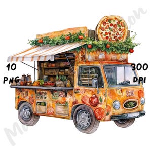 10 imágenes PNG de camiones de pizza extravagantes, escena de tienda extravagante, tienda de comida rápida con dibujos en acuarela para revistas basura, álbumes de recortes y manualidades digitales.