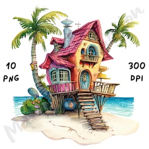 Op de afbeelding: Waterverfillustratie van een grillig strandhuis met een roze dak, blauwe deur en houten trap naar het zand. Palmbomen omlijsten het huis, met de tekst "10 PNG" en "300 DPI".