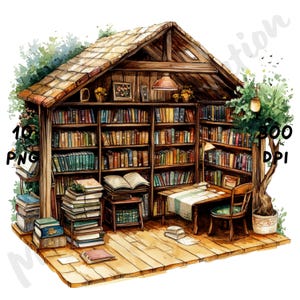 10 imágenes prediseñadas de biblioteca peculiares PNG: escena de librería de dibujos animados extravagantes para revistas basura, álbumes de recortes, tarjetas y manualidades digitales, acuarela