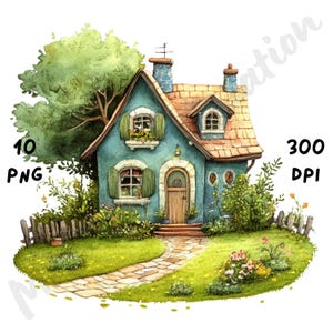 Pode incluir: Ilustração em aquarela de uma charmosa casa de campo turquesa com telhado marrom, persianas verdes e um caminho de pedra que leva à porta de madeira. A vegetação exuberante e as flores cercam a casa, com uma grande árvore à esquerda. Inclui o texto "10 PNG" e "300 DPI".