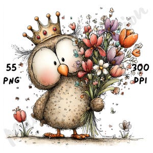 Puede incluir: Ilustraci&oacute;n caprichosa de un b&uacute;ho con una corona dorada y un ramo de flores coloridas. El b&uacute;ho tiene ojos grandes y expresivos y un pico color melocot&oacute;n. La imagen incluye el texto "55 PNG" y "300 DPI".