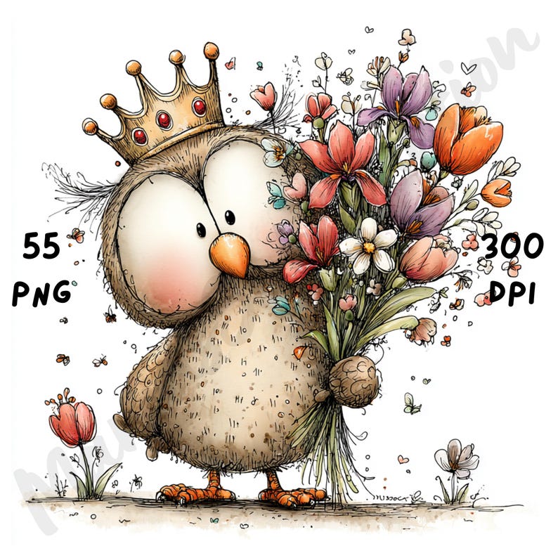 Puede incluir: Ilustraci&oacute;n caprichosa de un b&uacute;ho con una corona dorada y un ramo de flores coloridas. El b&uacute;ho tiene ojos grandes y expresivos y un pico color melocot&oacute;n. La imagen incluye el texto "55 PNG" y "300 DPI".