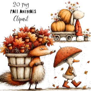 Op de afbeelding: Digitale illustratieset getiteld 20 png FALL ANIMALS Clipart met een vos die een mand met herfstbladeren, eikels en dennenappels draagt, een konijn met een pompoenwagen en een eend die een paddenstoelparaplu vasthoudt met vallende bladeren.