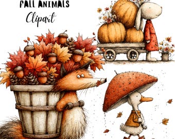 Fall Animals Whimsical Clipart Bundle, Funny Autumn Animal Character PNG Set, Storybook Illustration, Commercial Use, Digital Download