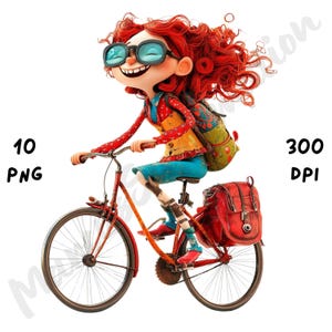 10 PNG Quirky Bicycle Girl Clipart, Girl on a Bike PNG, Whimsical Girl Sublimation, Printable Watercolor, Instant Download, Digital Paper