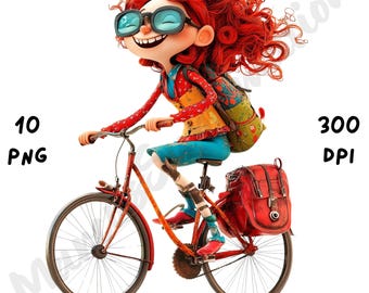 10 PNG Quirky Bicycle Girl Clipart, Girl on a Bike PNG, Whimsical Girl Sublimation, Printable Watercolor, Instant Download, Digital Paper