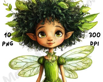 10 PNG Quirky Black Girl Fairy Clip Art, Watercolor Green Fairy, Funny Whimsical Afro Fairy Tale png, Junk Journal, Scrapbook, Paper Crafts