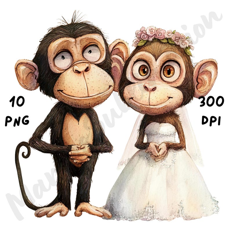 10 PNG Quirky Wedding Monkey Couple Clipart, Whimsical Cartoon Animal ...