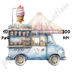 10 imágenes PNG de un peculiar camión de helados, escena de tienda extravagante, tienda de postres con acuarela para diarios, álbumes de recortes y manualidades digitales.