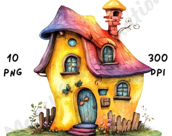 10 PNG Quirky House Clipart, Whimsical Cute Houses, Watercolor Fantasy Home Scene, Cartoon Mixed Media Clip Art, House Illustration png