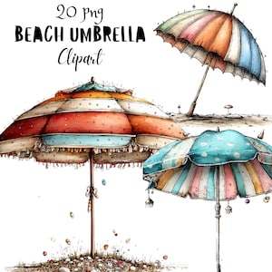 May include: Watercolor illustration of beach umbrellas in various designs. The image features three umbrellas with colorful striped and polka dot patterns. The text "20 png BEACH UMBRELLA Clipart" is at the top.