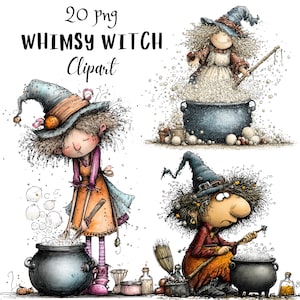 May include: A digital illustration featuring four whimsical witch characters. Each witch is depicted with curly hair, a pointed hat, and a cauldron. The image includes the text "20 png Whimsy Witch Clipart".