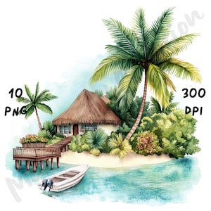 10 PNG Quirky Maldives Scene Clipart, Watercolor Maldive Beach View, Whimsical Maldive Islands, Tropical Landscape Clip Art, Cartoon Travel