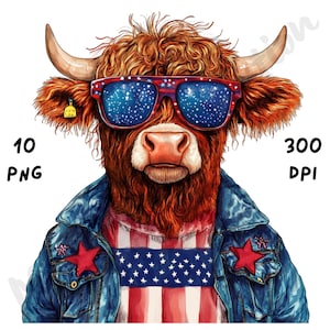 10 PNG 4th of July Highland Cow Clipart, Watercolor American Patriotic Animal Clip Art, Independence Day Illustration, Memorial Day, Digital