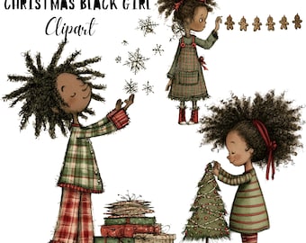 May include: Digital illustration set featuring three Black girls with curly hair in Christmas-themed clothing, including plaid pajamas and dresses, interacting with snowflakes, gingerbread cookies, wrapped gifts, and a small decorated tree.