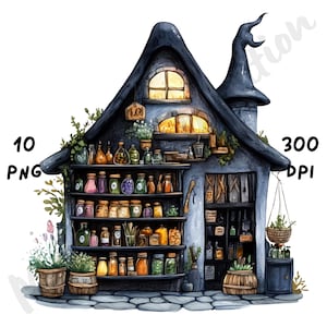 10 imágenes PNG de una peculiar tienda de hierbas de bruja: una escena de brujería con acuarela para diarios, álbumes de recortes y manualidades digitales.