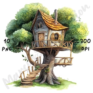 10 PNG Quirky Tree House Clipart, Whimsical Cute Houses, Watercolor Fantasy Home Scene, Cartoon Mixed Media Clip Art, Magical Illustration
