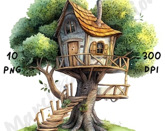10 PNG Quirky Tree House Clipart, Whimsical Cute Houses, Watercolor Fantasy Home Scene, Cartoon Mixed Media Clip Art, Magical Illustration