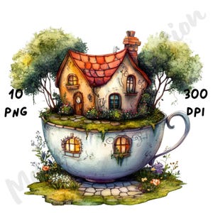 Puede incluir: Ilustración en acuarela de una casa caprichosa con tejado de tejas rojas, ubicada dentro de una taza de té. La taza está rodeada de vegetación, flores y un camino de piedra. Incluye el texto "10 PNG" y "300 DPI".