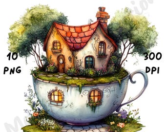 10 PNG Quirky Tea Cup House Clipart, Whimsical Cute House, Watercolor Magical Home Scene, Cartoon Mixed Media Clip Art, Fantasy Illustration