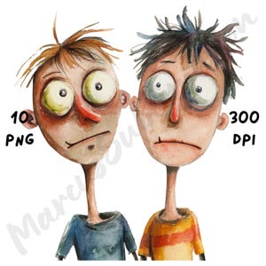 10 PNG Quirky Brothers Clipart, Whimsical Cartoon Cute Brotherhood, Watercolor Funny Best Friends Clip Art for Paper Crafts, Junk Journals