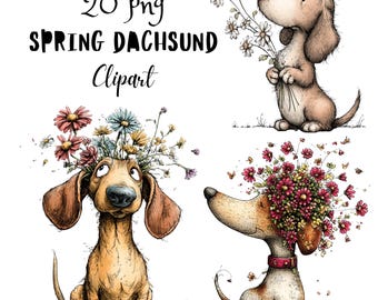 Bloemen teckel grillige clipart, grappig lente dier karakter PNG, eigenzinnige bloemen graphics (commercieel gebruik)