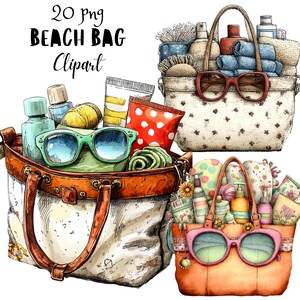 Whimsical Beach Bag Quirky Summer Object Clipart PNG, Sunglasses Sunscreen Watercolor Illustration, Commercial Use