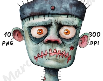 Pode incluir: Ilustração em aquarela da cabeça de um monstro de Frankenstein. O monstro tem pele verde, olhos laranja e uma boca costurada. Uma faixa azul escura está na cabeça. A imagem inclui o texto "10 PNG" e "300 DPI".