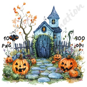 10 PNG Quirky Halloween Garden Clipart, Watercolor Cartoon Spooky Season Sublimation, Whimsical Halloween Craft, Junk Journals, Scrapbooking