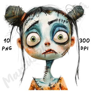 10 imágenes PNG de chicas monstruosas peculiares, sublimación divertida y caprichosa de Halloween, imágenes prediseñadas de acuarela de dibujos animados espeluznantes para diarios basura y álbumes de recortes.