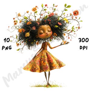10 PNG Quirky Spring Forest Black Girl Clipart, Cute Afro Floral Girl, Whimsical Girl Sublimation, Printable Watercolor, Instant Download