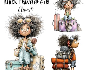 Whimsical Traveler Black Girl Quirky Adventure Character Clipart PNG, Travel Watercolor Illustration, Commercial Use