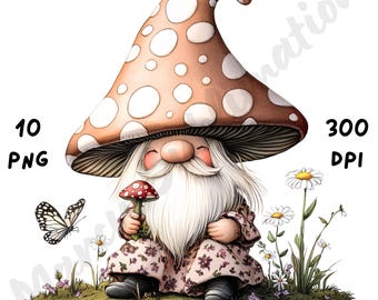 Mushroom Gnome PNG – 10 Whimsical Floral Clipart Files for Sublimation, Garden Crafts, Spring Decor, Junk Journals & Cricut – Cute Gnome Art