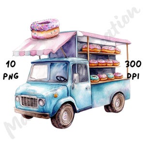 10 imágenes PNG de camiones de donas extravagantes, tienda de postres de dibujos animados, escena de tienda de acuarela para revistas, álbumes de recortes y manualidades digitales.